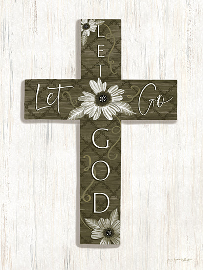 Annie LaPoint ALP2807 - ALP2807 - Let Go, Let God Cross - 12x16 cross art, let go let God, green wooden cross, floral cross design, Christian decor, inspirational cross, hand lettered cross quote, white daisy, vine details, rustic faith wall hanging from Penny Lane