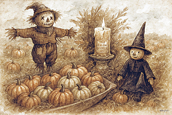 Anthony Smith ANT167 - ANT167 - The Scarecrow and the Little Witch - 18x12 witch and scarecrow in pumpkin patch, old salem candle, fall harvest, pumpkins galore, whimsical rural Halloween, eerie lighting from Penny Lane