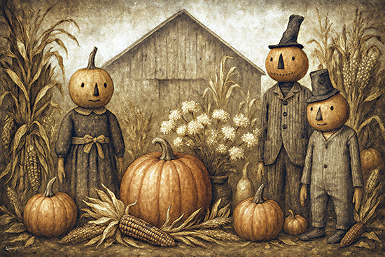 Anthony Smith ANT168 - ANT168 - Pumpkin Folk - 18x12 pumpkin-headed family, vintage farm, corn stalks, large pumpkin, primitive rural setting, dressed pumpkin characters, folk autumn art from Penny Lane