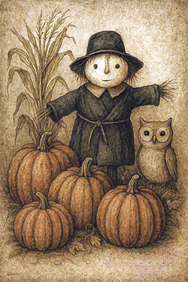 Anthony Smith ANT174 - ANT174 - Guardians of the Gourds - 12x18 scarecrow, pumpkins, owl, cornstalks, rustic farm, fall display, harvest character, folk style, autumn theme, whimsical art from Penny Lane