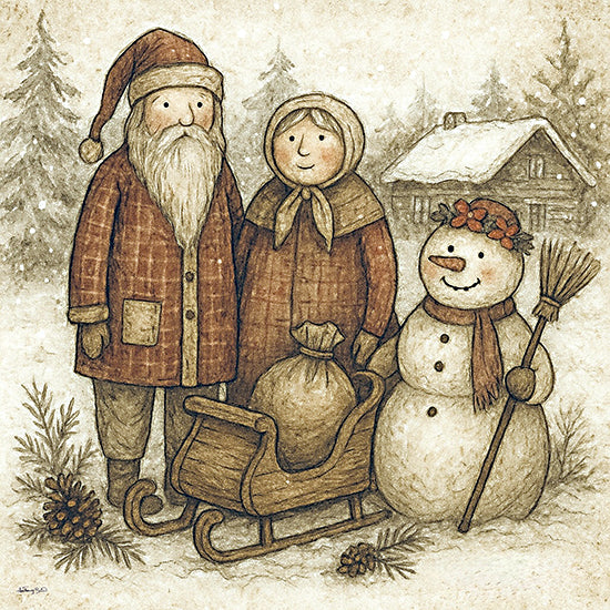Anthony Smith ANT183 - ANT183 - Vintage Christmas Charm - 12x12 Santa and Mrs Claus, snowman with broom, sleigh, snowy cabin, winter trees, traditional clothing from Penny Lane