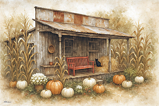 Anthony Smith ANT210 - ANT210 - Fall Potting Shed - 18x12 old barn porch, red bench, black cat, white and orange pumpkins, cornstalks, autumn plants, rustic fall scene, farmhouse front yard from Penny Lane