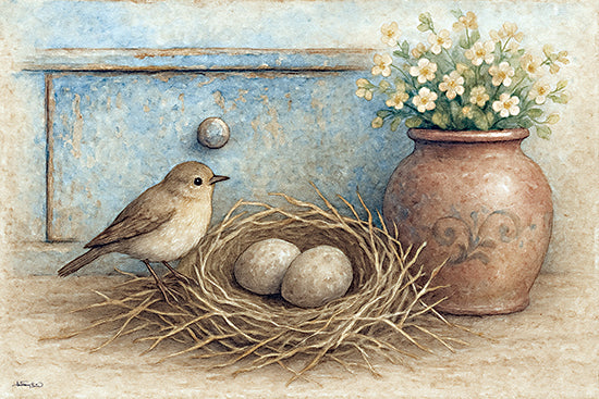 Anthony Smith ANT231 - ANT231 - Spring Has Sprung - 18x12 bird and nest, two eggs, pottery vase with flowers, blue cabinet, springtime still life, delicate and serene, rustic charm from Penny Lane