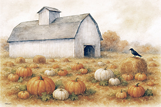 Anthony Smith ANT235 - ANT235 - October's Bounty - 18x12 pumpkin patch, white barn, crow on hay bale, autumn field, orange and white pumpkins, rural landscape, harvest scene, fall foliage, hay bales from Penny Lane
