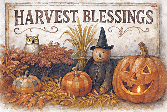 Anthony Smith ANT238 - ANT238 - Harvest Blessings - 18x12 harvest blessings sign, scarecrow, jack-o-lantern, owl, pumpkins, autumn leaves, fall décor, festive scene, rustic style from Penny Lane