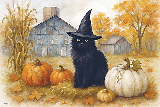 Anthony Smith ANT241 - ANT241 - Tuna the Witch Cat - 18x12 black cat in witch hat, pumpkins, corn stalks, barn, fall field, Halloween cat, rustic autumn, magical farm animal from Penny Lane