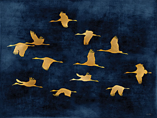 Amber Sterling AS484 - AS484 - Golden Cranes - 16x12 golden birds in flight, navy background, silhouetted cranes, minimalism, decorative avian pattern, night sky effect, elegant contrast from Penny Lane