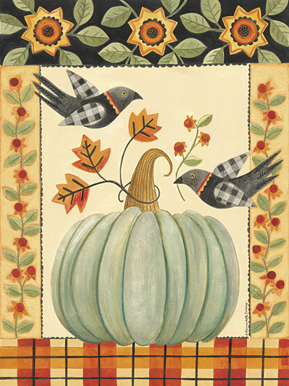 Bernadette Deming BER1507 - BER1507 - Folk Art Green Pumpkin and Birds - 12x16 green pumpkin, birds, autumn leaves, sunflower border, plaid birds, whimsical folk art, floral accents, checkered tablecloth, seasonal design from Penny Lane