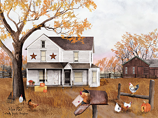 Billy Jacobs BJ1398 - BJ1398 - Hen Pals - 16x12 Fall, Autumn, Farm, House, Barn, Trees, Leaves, Mailbox, Fence, Hens, Roosters, Pumpkins, Haybale, Barn Stars, Mail, Letters, Folk Art, Hen Pals from Penny Lane