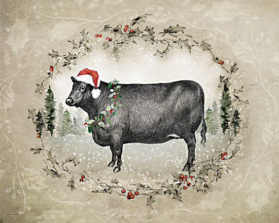 Bluebird Barn BLUE578 - BLUE578 - Christmas Cow - 16x12 cow with santa hat, festive garland, christmas cow, holiday farm animal, snow and trees, whimsical winter art, holly decorations, hand-drawn illustration from Penny Lane