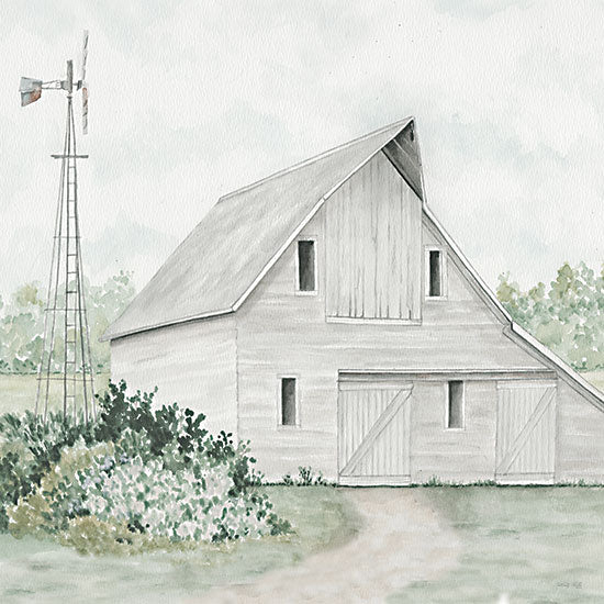 Cindy Jacobs CIN4013 - CIN4013 - Barn on Duke Ranch - 12x12 white barn, windmill, greenery, overcast sky, countryside, garden shrubs, rural architecture, peaceful setting, watercolor farm, path to barn from Penny Lane