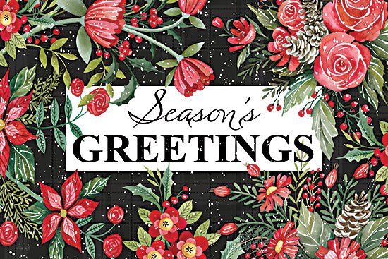 Cindy Jacobs CIN4685 - CIN4685 - Season's Greetings - 18x12 season's greetings, holiday card, watercolor floral, Christmas greeting, festive flowers, holiday decor, seasonal art, red and green palette from Penny Lane