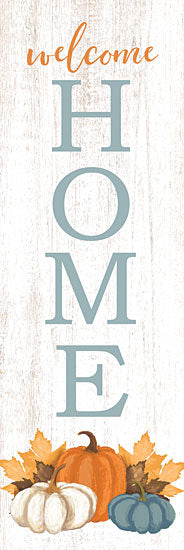 Dogwood Portfolio DOG198 - DOG198 - Welcome Home   - 12x36 welcome home sign, autumn decor, stacked pumpkins, seasonal typography, rustic white wood background, vertical layout, farmhouse style, thanksgiving theme, fall leaves from Penny Lane
