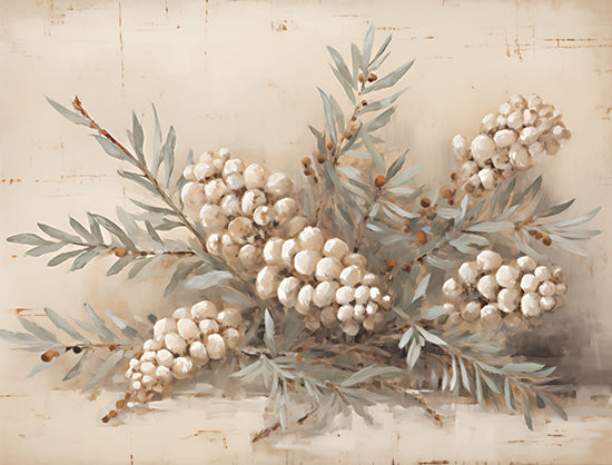 Heidi Kuntz HK391 - HK391 - Berry Nice    - 16x12 neutral botanical illustration, cotton berry bouquet, green foliage, rustic vintage style, holiday floral decor from Penny Lane