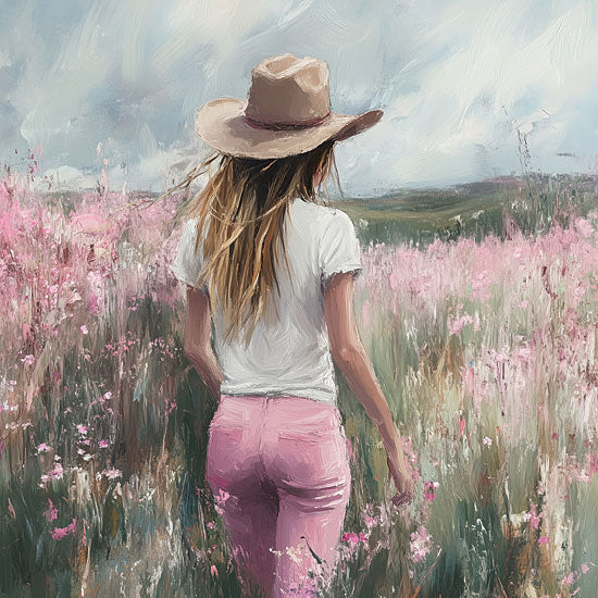 Heidi Kuntz HK417 - HK417 - Wildflower Wishes   - 12x12 girl in wide-brim hat, field of pink wildflowers, soft breeze, gentle landscape, romantic countryside, pastel skies, painterly field, pink pants from Penny Lane