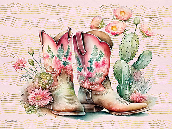 lettered & lined LET1293 - LET1293 - Western Cowgirl - 16x12 cowgirl boots, watercolor boots, pink green flowers, cactus, desert blooms, feminine western, floral design, pastel pink background, watercolor illustration from Penny Lane