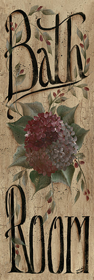 Michele Musser MM320 - MM320 - Bath Room - 6x18 Rustic bathroom sign, floral motif, vintage wood texture, black lettering, hydrangeas from Penny Lane