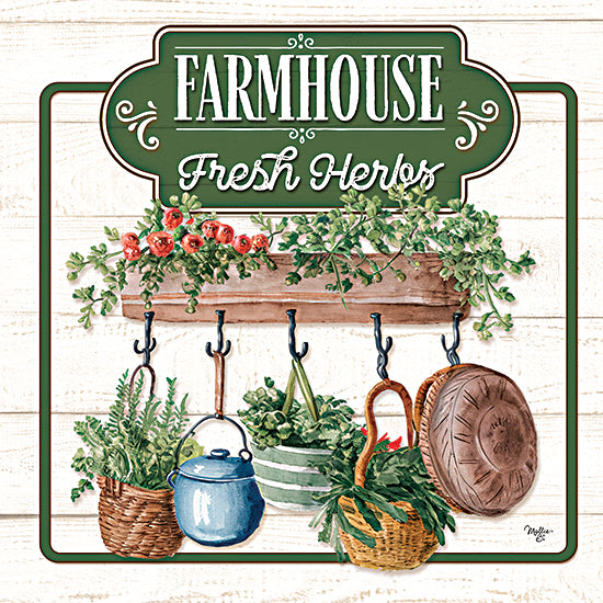 Mollie B. MOL2927 - MOL2927 - Farmhouse Fresh Herbs - 12x12 Farmhouse sign, fresh herbs, hanging baskets, rustic shelf, watercolor kitchen decor, vintage country greenery from Penny Lane