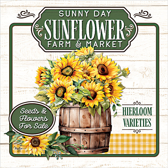 Mollie B. MOL2934 - MOL2934 - Sunflower Farm & Market - 12x12 sunflowers, barrel of flowers, green leaves, heirloom flower varieties, sunny day farm, rustic market, green sign, seeds for sale, floral display from Penny Lane