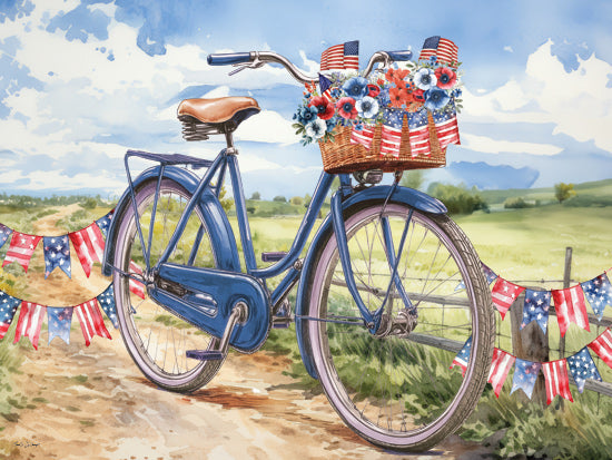 Nicole DeCamp ND884 - ND884 - Patriotic Bike - 16x12 Blue bicycle, basket with red white blue flowers, patriotic flags, dirt path, countryside, watercolor painting, festive summer from Penny Lane