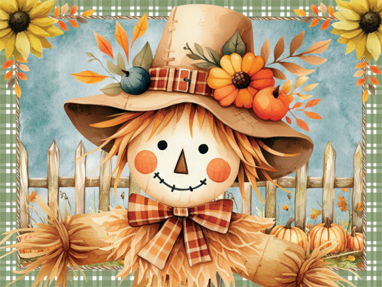 Nicole DeCamp ND917 - ND917 - Fall Scarecrow - 16x12 Smiling scarecrow, green plaid background, autumn sunflowers, pumpkins, friendly expression, country style, watercolor fall theme from Penny Lane