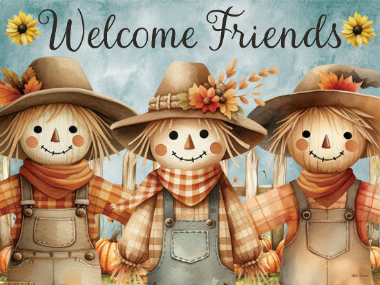 Nicole DeCamp ND919 - ND919 - Welcome Friends Scarecrow - 16x12 Three scarecrows, welcome friends text, sunflowers, autumn pumpkins, whimsical country theme, festive watercolor from Penny Lane