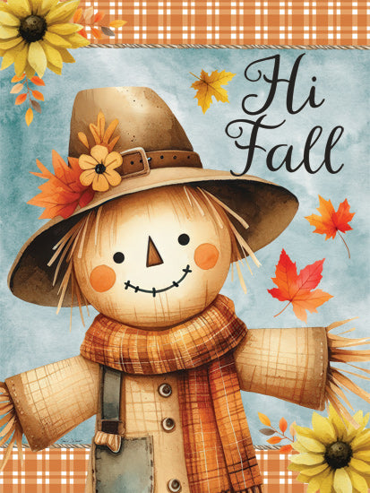 Nicole DeCamp ND920 - ND920 - Hi Fall - 12x16 Smiling scarecrow, hi fall text, sunflowers, autumn leaves, checkered orange border, watercolor seasonal greeting from Penny Lane