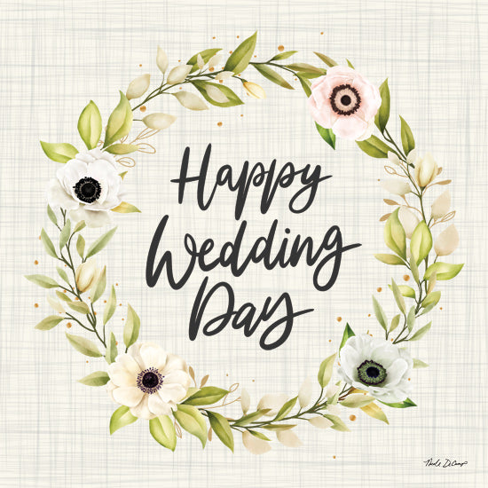 Nicole DeCamp ND928 - ND928 - Happy Wedding Day - 12x12 greenery wreath, anemone flowers, script text, wedding greeting, botanical illustration, romantic theme from Penny Lane