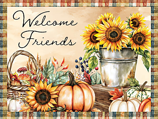 Nicole DeCamp ND929 - ND929 - Fall Welcome Friends - 16x12 Welcome Friends, fall decor, sunflowers, pumpkins, plaid border, autumn basket, seasonal illustration, harvest scene, farmhouse fall art from Penny Lane