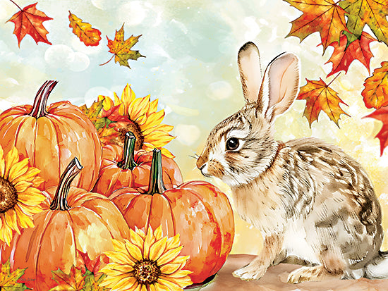 Nicole DeCamp ND938 - ND938 - Fall Woodland Rabbit & Pumpkins - 16x12 autumn bunny, pumpkins, sunflowers, colorful leaves, cute animal, fall illustration, harvest scene, wildlife, rustic charm, seasonal display from Penny Lane
