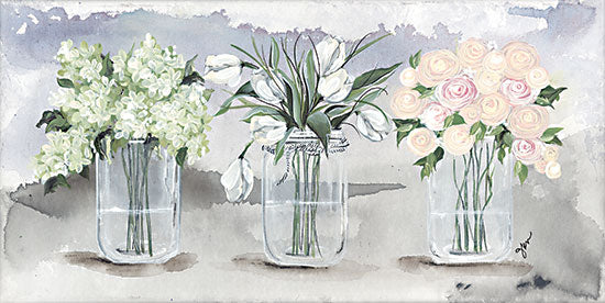 Julie Norkus NOR197 - NOR197 - Mason Jar Flower Trio - 24x12 white hydrangeas, white tulips, pink roses, floral bouquets, glass jars, rustic background, soft pastels, farmhouse decor from Penny Lane