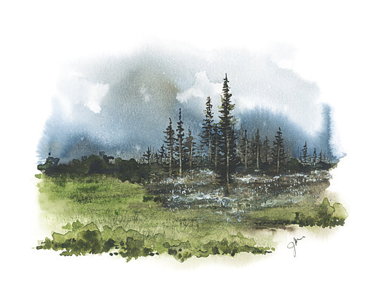 Julie Norkus NOR354 - NOR354 - Change of Seasons - 16x12 watercolor, pine forest, misty landscape, green meadow, serene nature, cloudy sky, atmospheric, evergreen trees, hand-painted, tranquil scene from Penny Lane