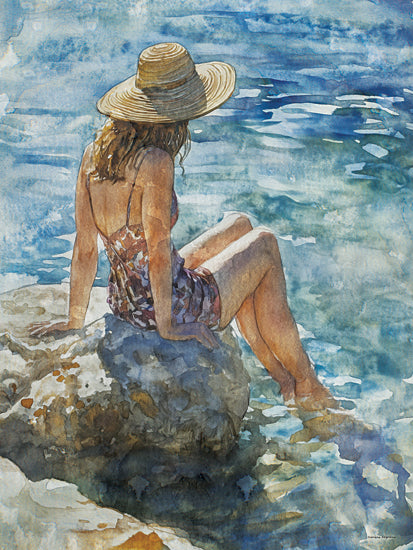 Svetlana Aleinikova SA167 - SA167 - Coastal Contemplation   - 12x16 woman by water, straw hat, summer dress, seated on rock, tranquil moment, watercolor figure, peaceful seaside from Penny Lane
