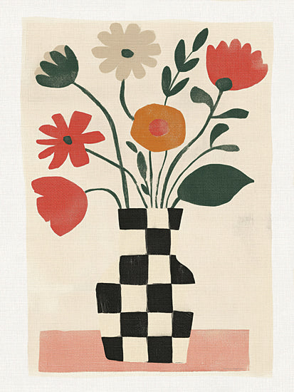 Svetlana Aleinikova SA260 - SA260 - Fantasia in Bloom - 12x16 checkerboard vase, abstract bouquet, bold flowers, mid-century style, playful floral art, quirky home decor, stylized vase, graphic pattern from Penny Lane