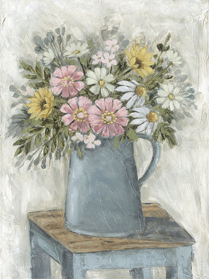 Sara G. Designs SGD351 - SGD351 - Farmhouse Floral     - 12x16 metal pitcher, mixed flowers, daisies, pink and yellow flowers, wooden stool, rustic background, textured painting from Penny Lane