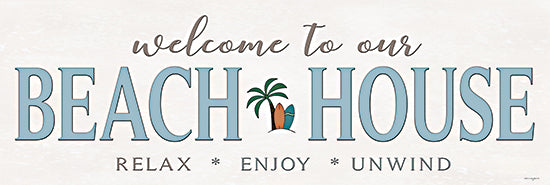 Catch A Star Fine Art STAR208 - STAR208 - Beach House Sign - Palms - 36x12 beach house, welcome sign, palm tree, surfboard, coastal décor, relax, enjoy, unwind, aqua blue, tropical from Penny Lane