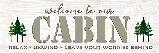 Catch A Star Fine Art STAR214 - STAR214 - Welcome to Our Cabin Sign - Pine Trees - 36x12 cabin welcome sign, pine trees, rustic tan, unwind, woodland retreat, outdoors, peaceful from Penny Lane