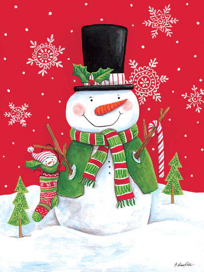 Diane Kater ART1312 - ART1312 - Baby in Stocking wit Snowman - 12x16 Christmas, Holidays, Snowmen, Winter, Snowflakes, Christmas Decorations, Christmas Stocking, Candy Cane, Christmas Trees, Snow from Penny Lane