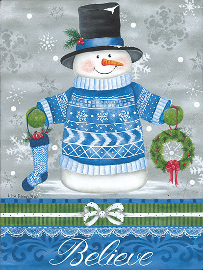 Lisa Kennedy KEN1260 - KEN1260 - Blue Sweater Snowman - 12x16 Snowman, Winter, Christmas, Holidays, Believe, Typography, Signs, Textual Art, Sweater, Blue & White, Top Hat, Snowflakes, Patterns from Penny Lane