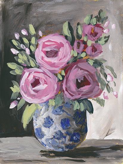 Amanda Hilburn AH173 - AH173 - Ginger Jar Floral I - 12x16 Flowers, Pink Flowers, Bouquet, Vase, Ginger Jar Vase, Blue & White, Flower Buds, Leaves, Abstract from Penny Lane