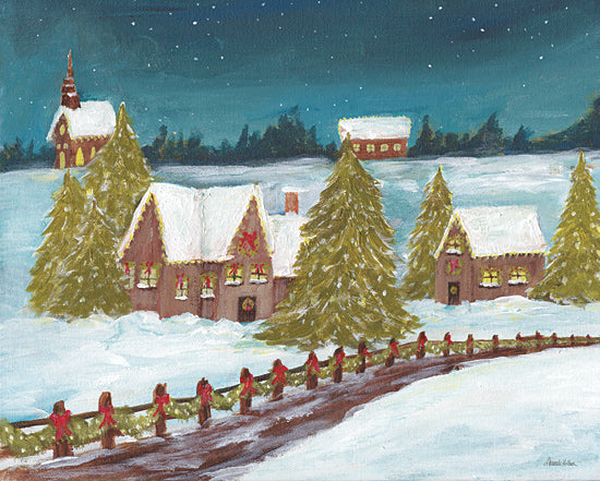 Amanda Hilburn AH213 - AH213 - Peaceful Christmas Village - 16x12 Christmas, Holidays, Landscape, Christmas Village, Village, Road, Decorated Houses, Christmas Trees, Winter, Snow, Garland, Red Bows, Church from Penny Lane