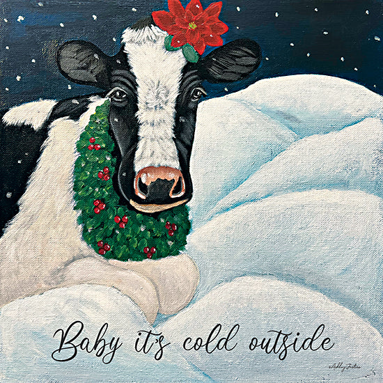 Ashley Justice AJ176 - AJ176 - Baby It's Cold Outside - 12x12 Winter, Snow, Christmas, Holidays, Cow, Black & White Cow, Whimsical, Holly, Berries, Wreath, Poinsettia, Christmas Flower, Baby It's Cold Outside, Typography, Signs, Textual Art, Christmas Song from Penny Lane