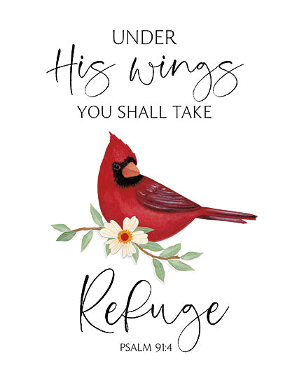 Annie LaPoint ALP2681 - ALP2681 - Under His Wings Cardinal - 12x16 Religious, Under His Wings You Shall Take Refuge, Psalm, Typography, Signs, Textual Art, Cardinal, Red Cardinal, Flower, White Flower, Leaves from Penny Lane