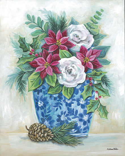 Diane Kater ART1363 - ART1363 - Christmas Planter - 12x16 Christmas, Holidays, Flowers, Poinsettias, Roses, Holly, Berries, Greenery, Vase, Planter, Blue & White Pottery, Pine Cone, Winter from Penny Lane