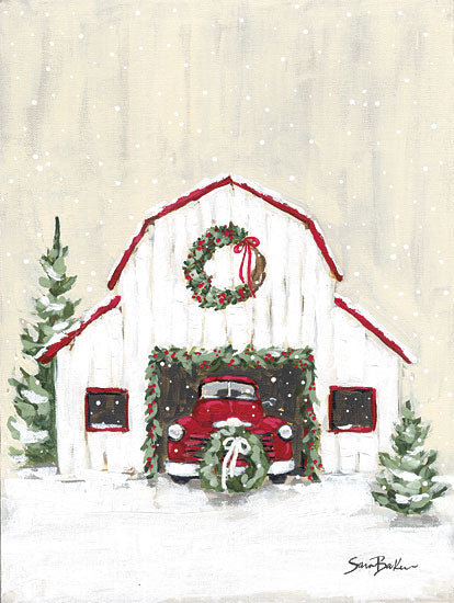 Sara Baker BAKE322 - BAKE322 - Farmhouse Christmas Truck & Barn - 12x16 Christmas, Holidays, Farm, Barn, Truck, Red Truck, Wreaths, Holly, Berries, Trees, Winter, Snow, Farmhouse/Country from Penny Lane