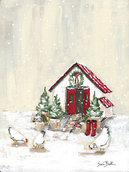 Sara Baker BAKE323 - BAKE323 - Farmhouse Christmas Chicken Coop - 12x16 Christmas, Holidays, Farm, Chicken Coop, Chickens, Wreaths, Holly, Snow Boots, Berries, Trees, Winter, Snow, Farmhouse/Country from Penny Lane