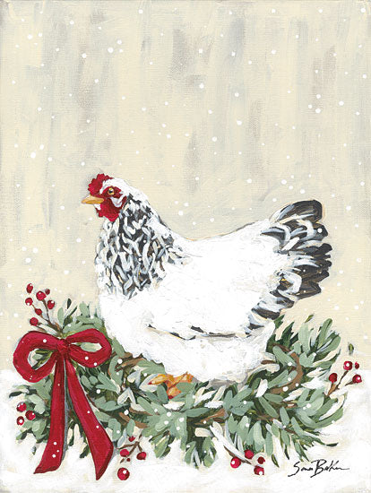 Sara Baker BAKE325 - BAKE325 - Farmhouse Christmas Chicken 2 - 12x16 Christmas, Holidays, Farm, Chicken, Farm Animal, Whimsical, Wreath, Holly, Berries, Red Ribbon, Winter, Snow, Farmhouse/Country from Penny Lane