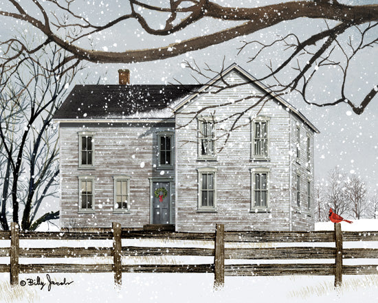 Billy Jacobs BJ1364 - BJ1364 - A Little Snow II   - 16x12 Folk Art, Winter, House, Fence, Cardinal, Snow, Trees from Penny Lane