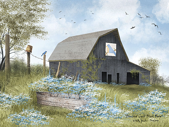 Billy Jacobs BJ1371 - BJ1371 - Bluebird Quilt Block Barn - 16x12 Folk Art, Spring, Farm, Barn, Gray Barn, Bluebird Quilt Block, Wildflowers, Birds, Field, Landscape from Penny Lane