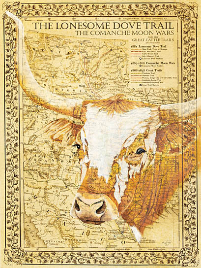 Diane Fifer DF157 - DF157 - Lonesome Dove Trail - 12x16 Map, The Lonsome Dove Trail, Typography, Signs, Textual Art, Cow, Longhorn Cow, Greenery, Border from Penny Lane